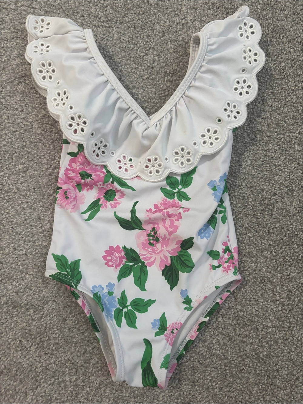 Janie and Jack White One-Piece Swimsuit with Pink Floral Ruffle
